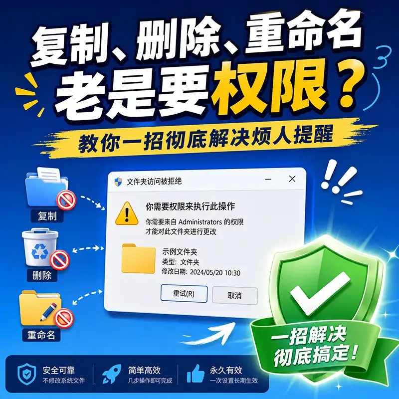 复制、删除、重命名老是要权限？教你一招彻底解决Windows烦人提醒