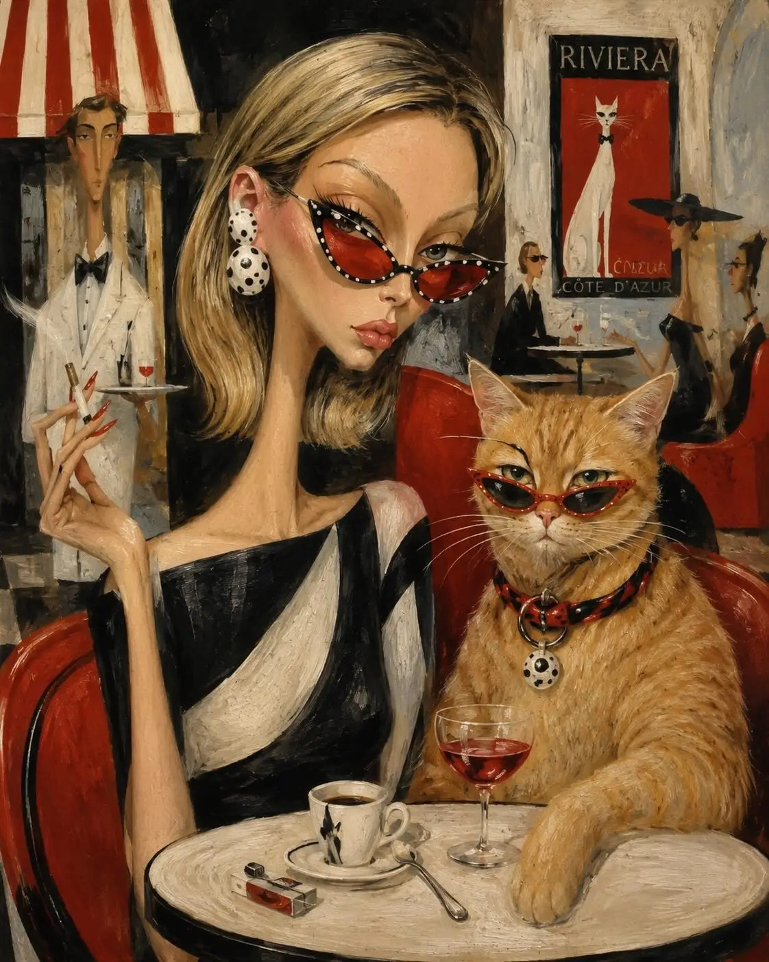 蔚蓝海岸咖啡馆的摩登女郎与墨镜橘猫