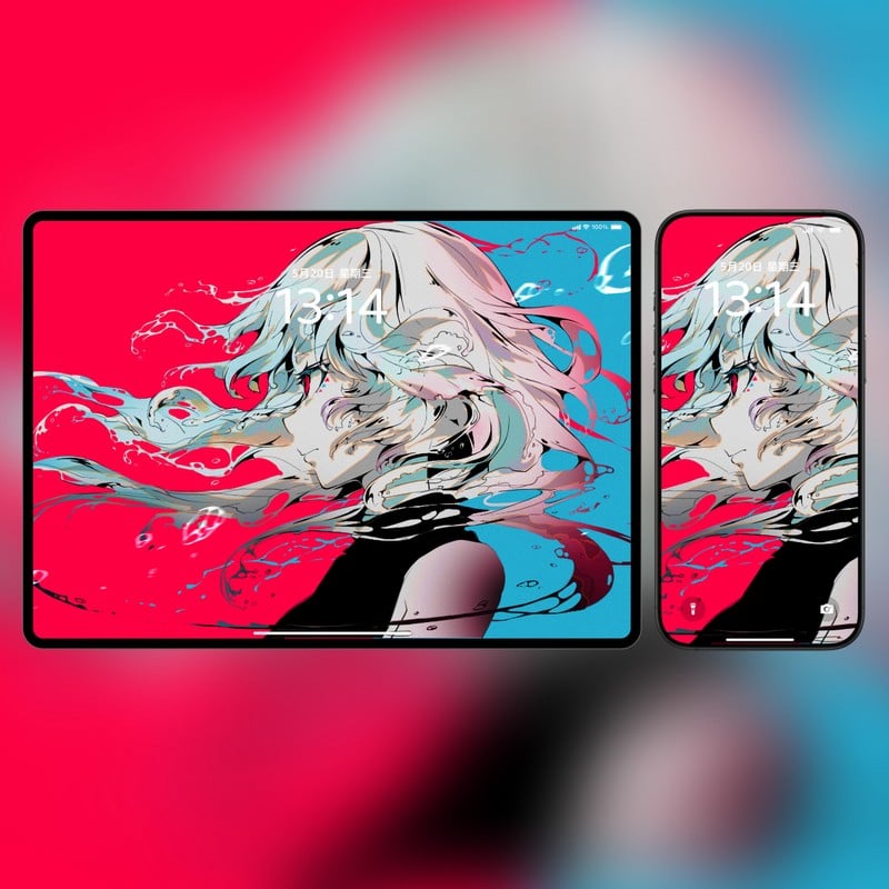 撞色水纹少女｜高饱和度日系动漫壁纸