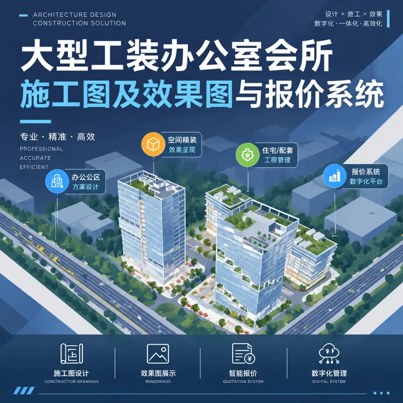 大型工装办公室/会所施工图及效果图、报价系统
